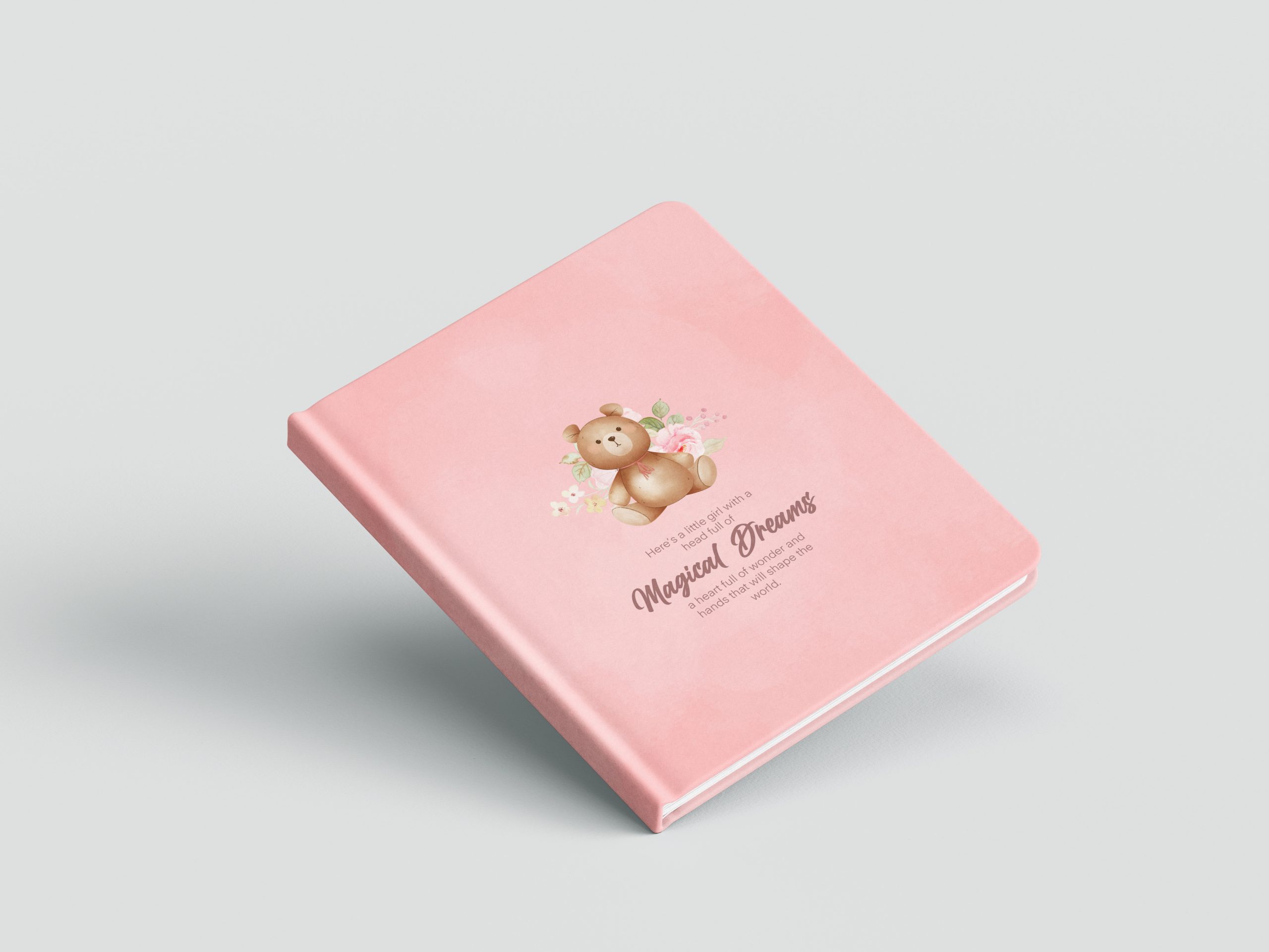 Photobook Album Design for Baby with Pinky Bear and Cute Floral Style